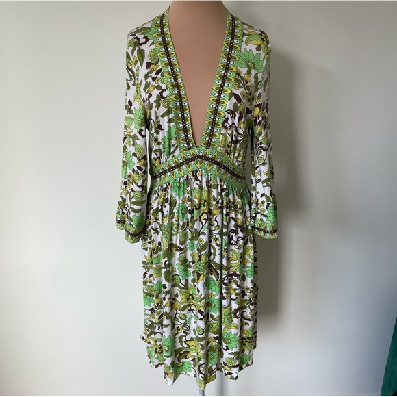 Milly Floral Print Green Multi Boho Hippie Deep V-Neck 3/4 Sleeve Jersey Dress M - Picture 1 of 10